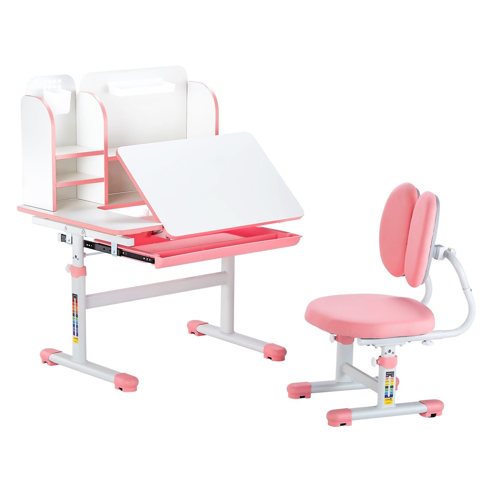 Kids Study Chair and Desk Set, Study Desk and Chair for Kids with Bookshelf & Storage Drawer, Adjustable Height & 0-40 Tilted Desktop Desk and Chair, Study Table for Bedroom & Study Room, Pink