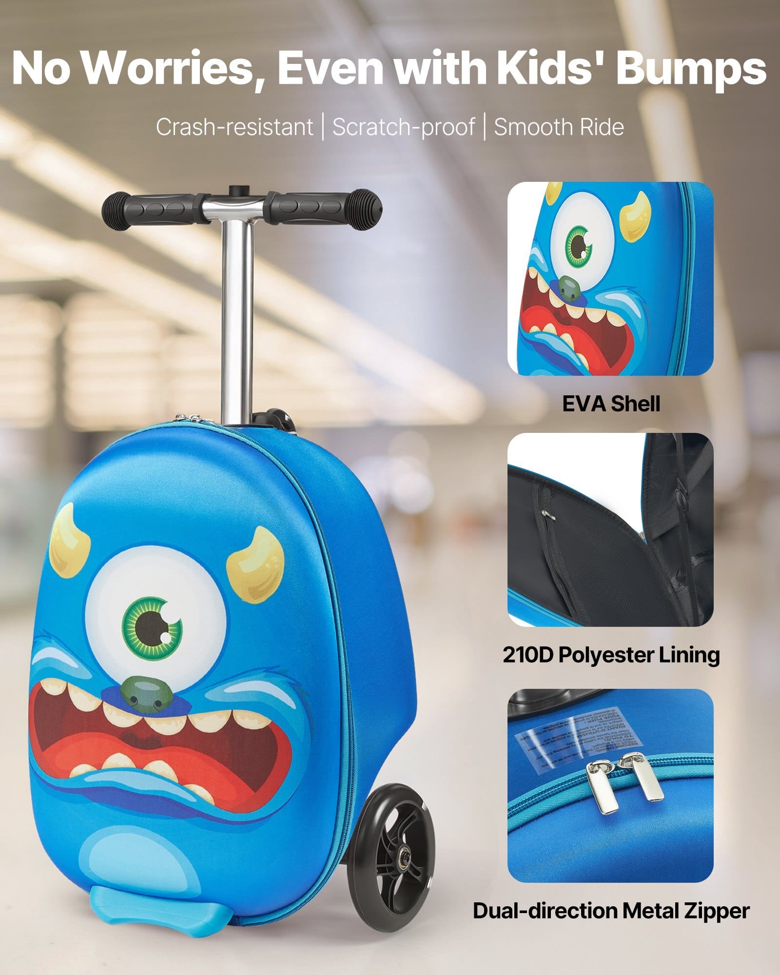 Ride-on Luggage, 20 L Capacity, 20 Inches Kids Scooter Suitcase with Flash PU Wheels, Adjustable Handle & TPR Non-Slip Grip, Foldable & Lightweight Scooter Luggage for Kids Aged 5+, Blue