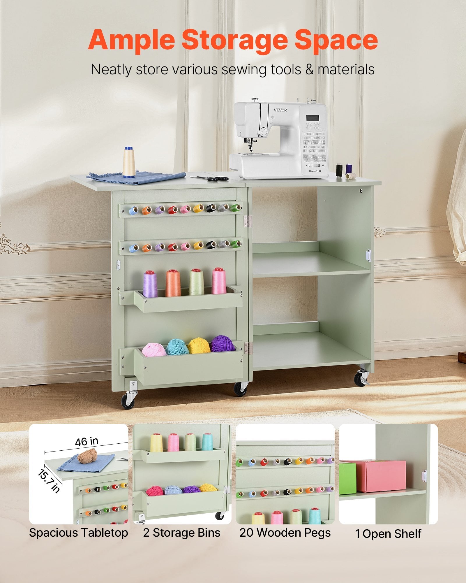 Folding Sewing Table, Multipurpose Sewing Machine Table with Compact Design, Wheels, Wooden Pegs, Storage Trays and Shelf, Magnetic Door Lock, Craft Station and Side Desk for Home, Light Green