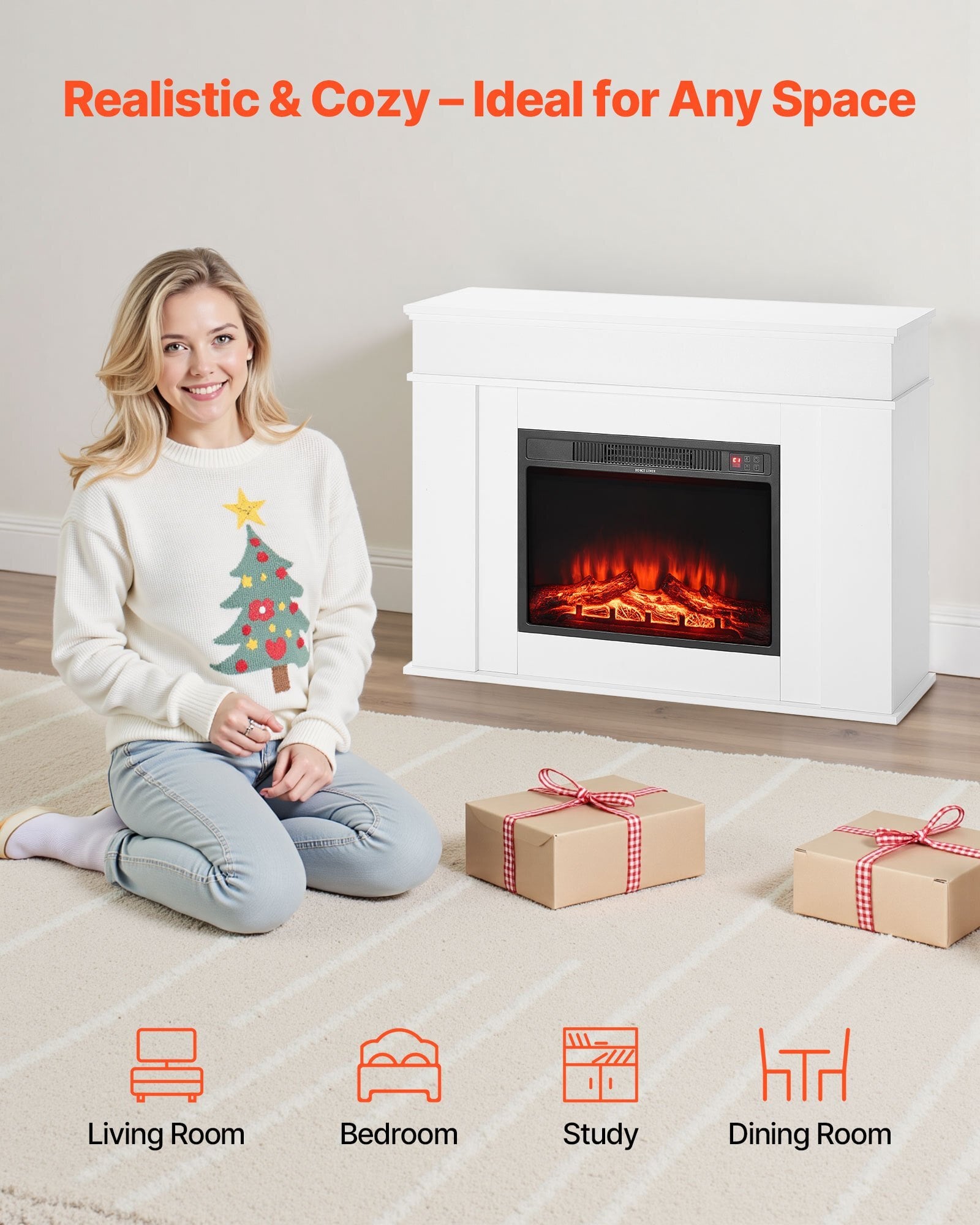 43 inch Freestanding Fireplaces, 1500W 5120BTU Fake Electric Fireplace Stove Heater with Mantel, Overheating Protection, Adjustable Flames,Timer, Remote, for Living Room,Bedroom,White