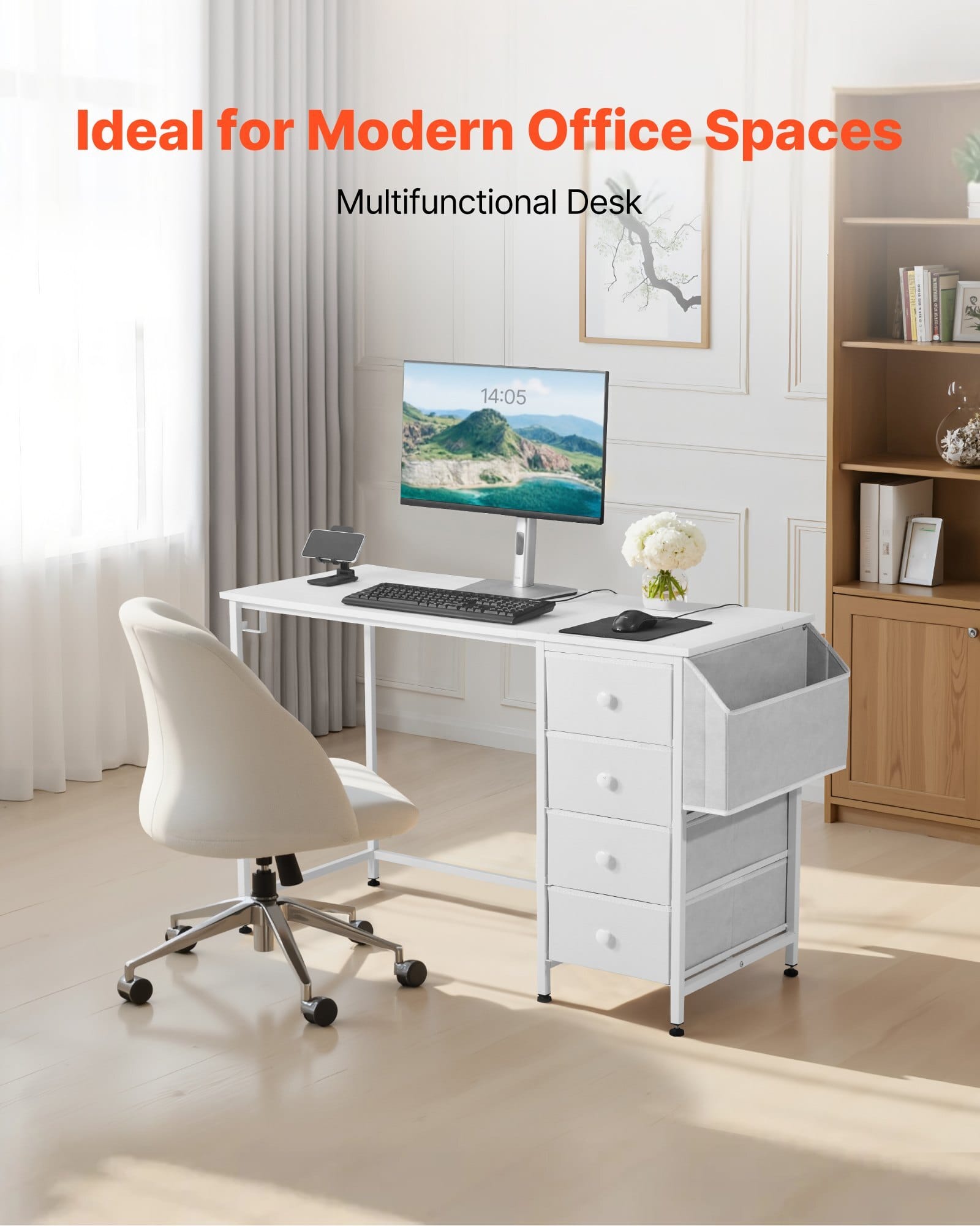 Computer Desk with Fabric Drawers, 47 Inch Reversible Study Work Writing Desk for Modern Home Office Bedroom, Simple Modern Cute PC Table Metal Frame Business Furniture, White