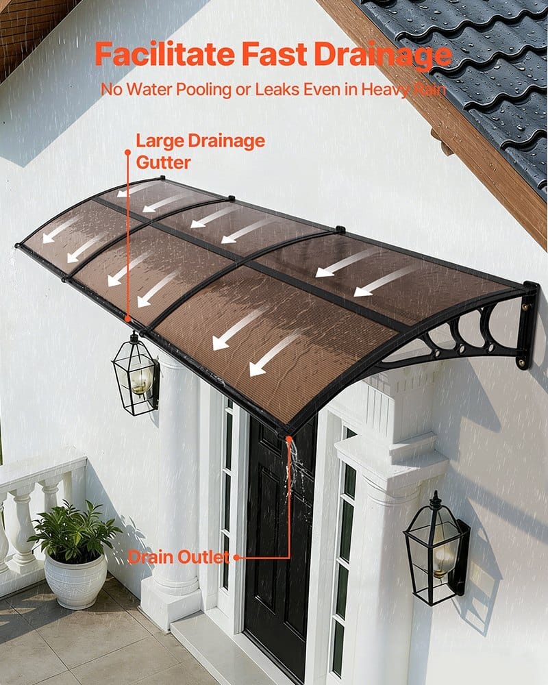 Awnings for Door Entrance, 38 x 117 in, Exterior Front Door Window Awnings with Drainage & ABS Bracket, Rain Snow Sun Protection, Overhang Polycarbonate Door Canopy for Porch Patio, Brown