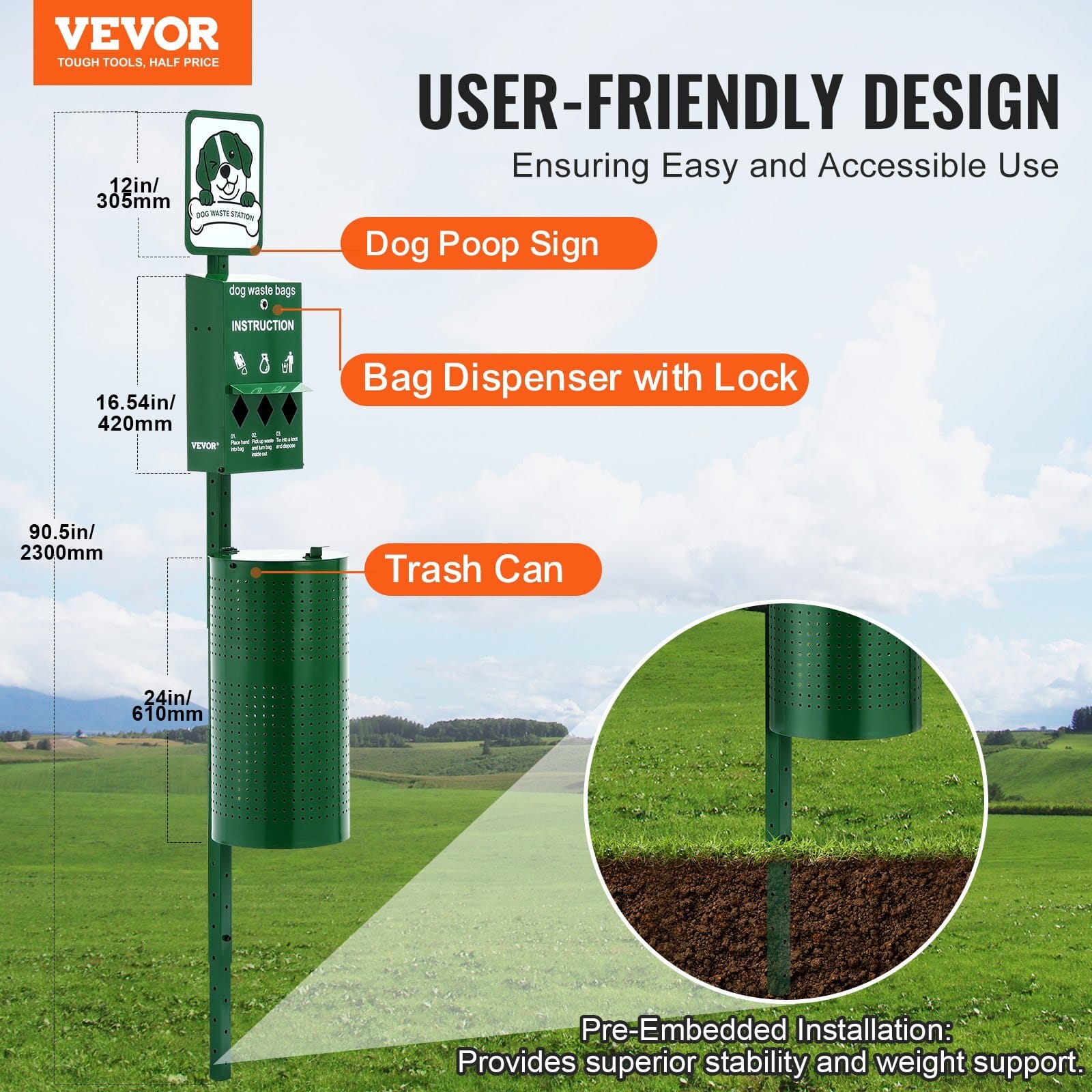 Dog Waste Station, Commercial Dog Poop Station, 11.5 Gallons Pet Waste Bin with 50 Can Liners, Bag Dispenser & 600 Waste Bags, Outdoor Dog Waste Disposal System for Backyard - Image 2