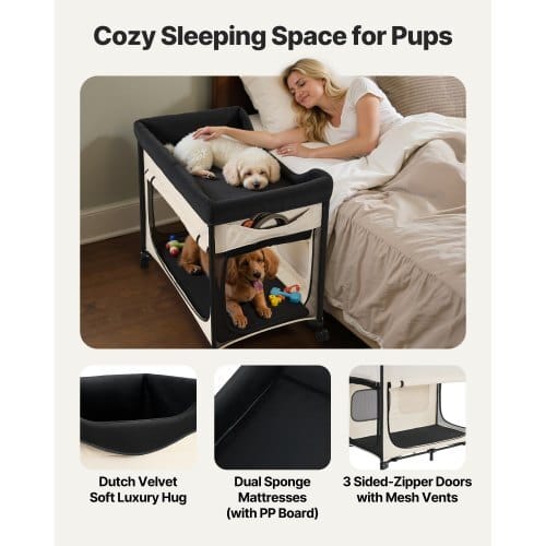 Elevated Lounge Pet Bed, Foldable Bunk Dog Bed with 600D Oxford Cloth and Dutch Velvet, Portable Raised Cot with Wheels, Side Storage Bags, and Carry Bag for Cats & Dogs, XL, Beige - Image 2