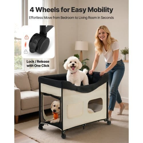 Elevated Lounge Pet Bed, Foldable Bunk Dog Bed with 600D Oxford Cloth and Dutch Velvet, Portable Raised Cot with Wheels, Side Storage Bags, and Carry Bag for Cats & Dogs, XL, Beige - Image 4