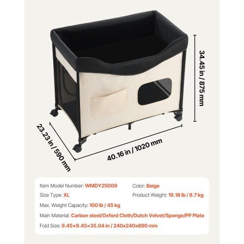 Elevated Lounge Pet Bed, Foldable Bunk Dog Bed with 600D Oxford Cloth and Dutch Velvet, Portable Raised Cot with Wheels, Side Storage Bags, and Carry Bag for Cats & Dogs, XL, Beige - Image 6