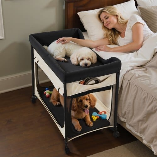 Elevated Lounge Pet Bed, Foldable Bunk Dog Bed with 600D Oxford Cloth and Dutch Velvet, Portable Raised Cot with Wheels, Side Storage Bags, and Carry Bag for Cats & Dogs, XL, Beige - Image 7