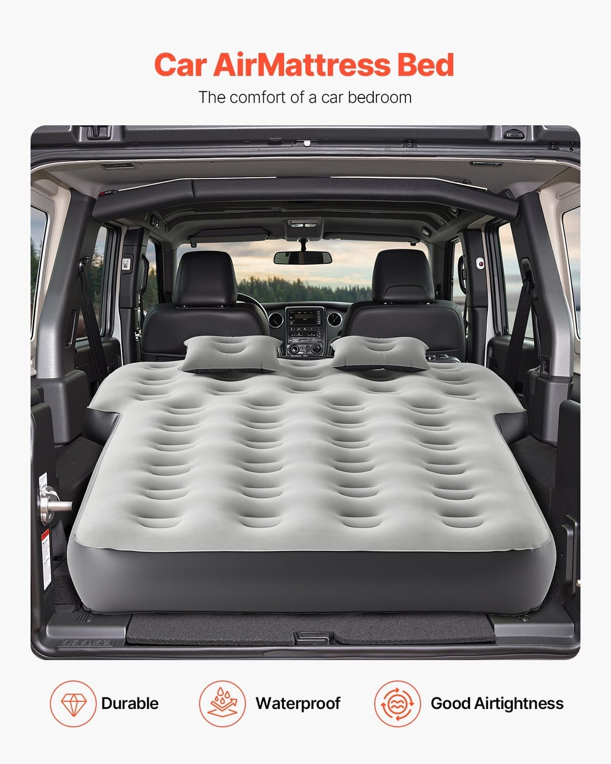 Car Air Mattress, Fits Toyota 4runner, Jeep Wrangler, Inflatable Car Camping Mattress, Flocking Thickened Blow Up Travel Beds, Durable Portable Sleeping Pad with Built in Pump, 2 Pillows, Gray
