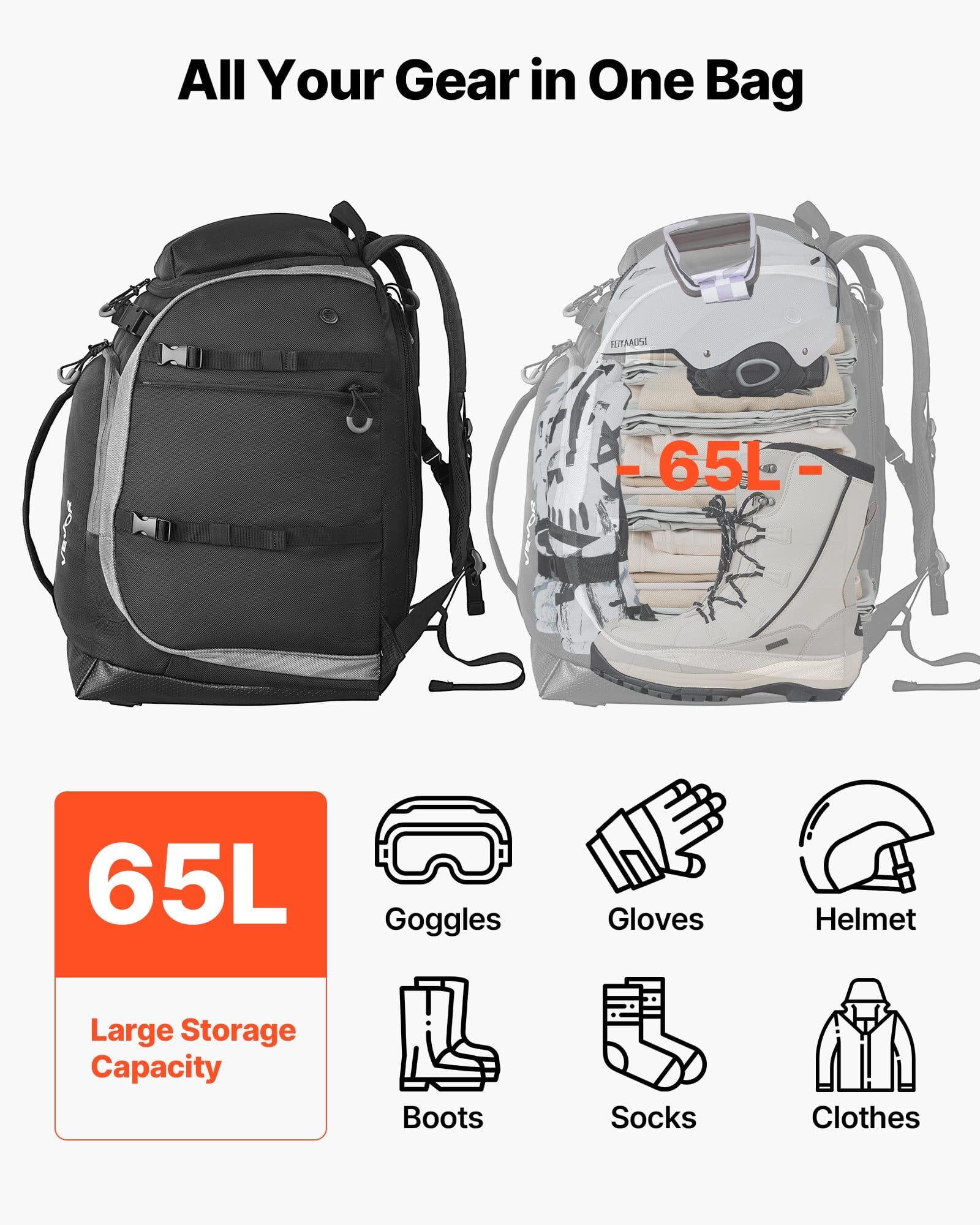 Ski Boot Bag, 65L, Snowboard Boots Travel Backpack for Men Women, with Waterproof Exterior & Bottom, Durable 1680D Oxford, Bag for Skis, Snowboard, Helmet, Goggles, Gloves, Accessories (Black).