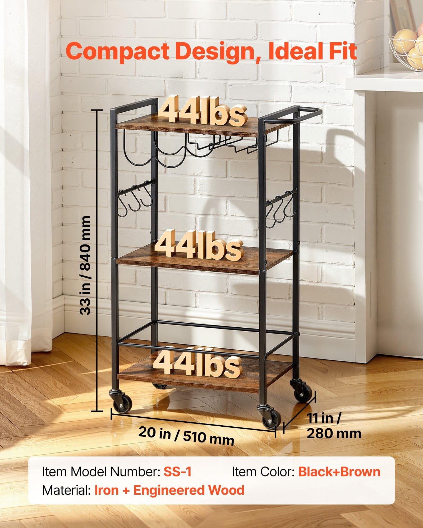 Bar Cart, 3 Tiers Home Kitchen Serving Carts, Industrial Rolling Utility Station on Wheel, Mobile Drink Beverage Shelf with Wine Rack & Glass Holder, 20.08x11.02x33.07 in, Rustic Brown and Black