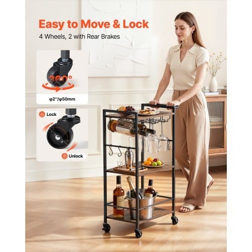 Bar Cart, 3 Tiers Home Kitchen Serving Carts, Industrial Rolling Utility Station on Wheel, Mobile Drink Beverage Shelf with Wine Rack & Glass Holder, 20.08x11.02x33.07 in, Rustic Brown and Black - Image 2