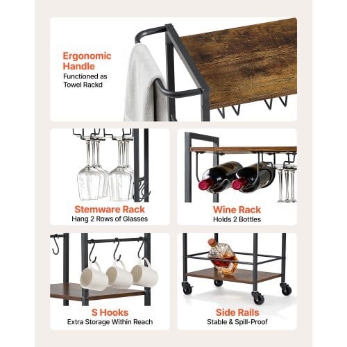 Bar Cart, 3 Tiers Home Kitchen Serving Carts, Industrial Rolling Utility Station on Wheel, Mobile Drink Beverage Shelf with Wine Rack & Glass Holder, 20.08x11.02x33.07 in, Rustic Brown and Black - Image 3