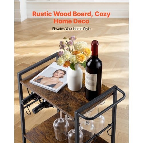Bar Cart, 3 Tiers Home Kitchen Serving Carts, Industrial Rolling Utility Station on Wheel, Mobile Drink Beverage Shelf with Wine Rack & Glass Holder, 20.08x11.02x33.07 in, Rustic Brown and Black - Image 4