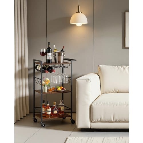 Bar Cart, 3 Tiers Home Kitchen Serving Carts, Industrial Rolling Utility Station on Wheel, Mobile Drink Beverage Shelf with Wine Rack & Glass Holder, 20.08x11.02x33.07 in, Rustic Brown and Black - Image 5