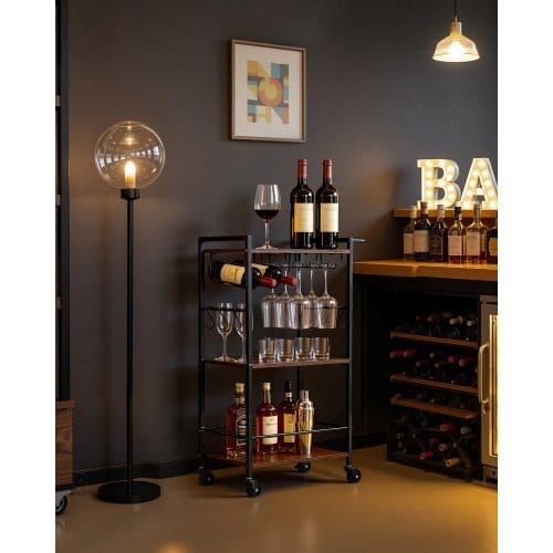 Bar Cart, 3 Tiers Home Kitchen Serving Carts, Industrial Rolling Utility Station on Wheel, Mobile Drink Beverage Shelf with Wine Rack & Glass Holder, 20.08x11.02x33.07 in, Rustic Brown and Black - Image 6