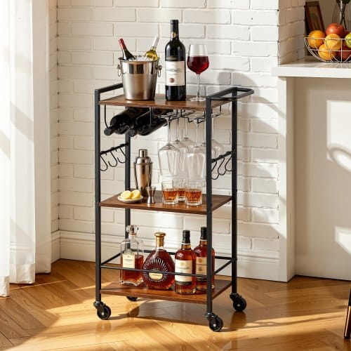 Bar Cart, 3 Tiers Home Kitchen Serving Carts, Industrial Rolling Utility Station on Wheel, Mobile Drink Beverage Shelf with Wine Rack & Glass Holder, 20.08x11.02x33.07 in, Rustic Brown and Black - Image 7