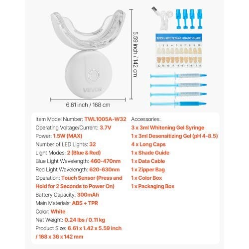 Teeth Whitening Kit with LED Light, 32 LED Accelerator Lights, Whitening Gel Syringe, Desensitizing Gel, and U-Shaped Tray, Wireless Portable Kit Fast and Effectively Removes Stubborn Stains - Image 6