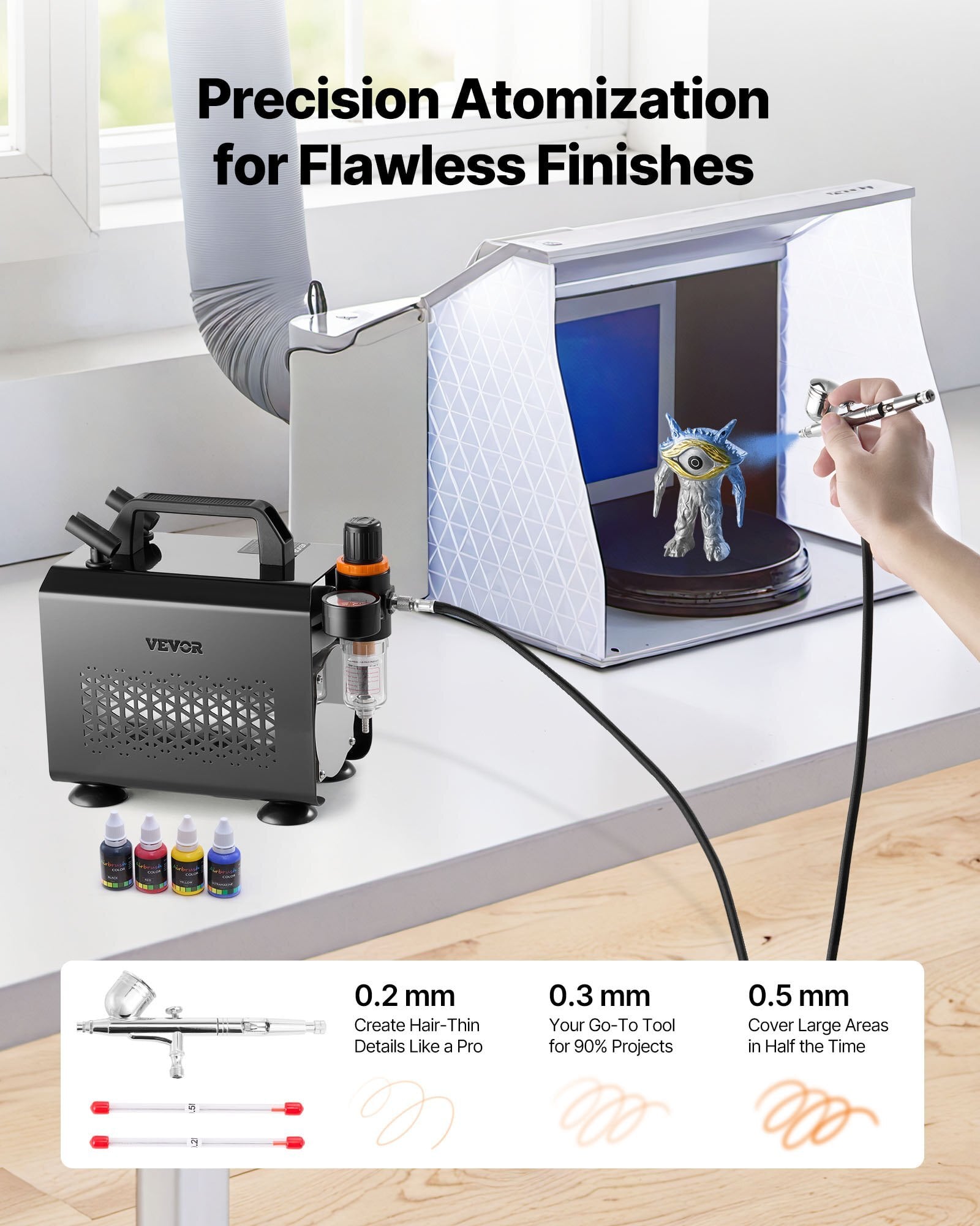 Airbrush Kit, 1/6 HP, Air Brush Kit with Air Compressor, 1 Dual-Action Professional Airbrush with 3 Tips, Hose, Acrylic Paint, Brush, Low Noise, for Cake Decorating, Model Painting, Nail Art
