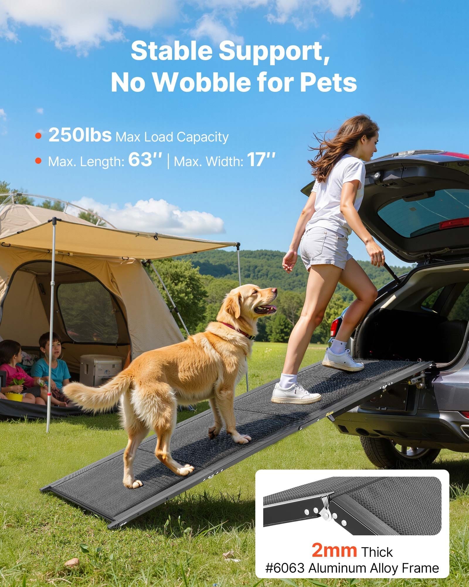 Dog Ramp for Cars, 63" L x 17" W, Folding Pet Ramps for Medium & Large Dogs up to 250lbs, Pet Stair Ramp with Non-Slip Oxford Fabric Surface, Portable Outdoor Dog Car Ramps for SUV & Truck