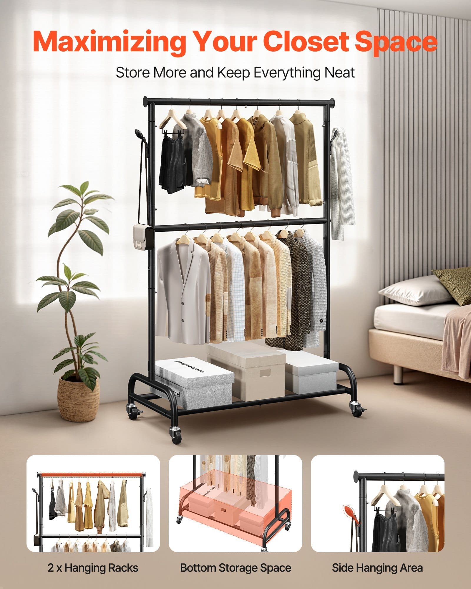 Clothes Rack, Rolling Clothing Garment Rack with Adjustable Crossbar and Side Hooks, 150 lbs Load Capacity, Heavy Duty Carbon Steel Clothing Racks with Wheels for Bedroom, Laundry, Living Room