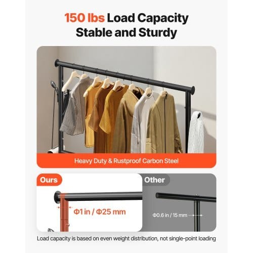 Clothes Rack, Rolling Clothing Garment Rack with Adjustable Crossbar and Side Hooks, 150 lbs Load Capacity, Heavy Duty Carbon Steel Clothing Racks with Wheels for Bedroom, Laundry, Living Room - Image 3