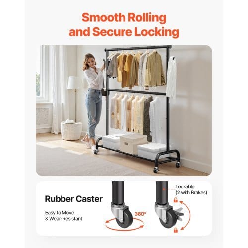 Clothes Rack, Rolling Clothing Garment Rack with Adjustable Crossbar and Side Hooks, 150 lbs Load Capacity, Heavy Duty Carbon Steel Clothing Racks with Wheels for Bedroom, Laundry, Living Room - Image 5