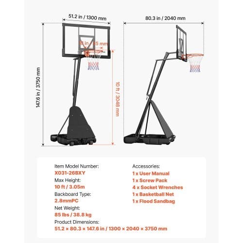 Portable Basketball Stand, 10 ft Height Adjustment Basketball Hoop & Goal, Basketballs Hoop Outdoor with 50 inch PC Backboard for Kids, Adults in Schools, Parks, Indoor & Outdoor Use - Image 6