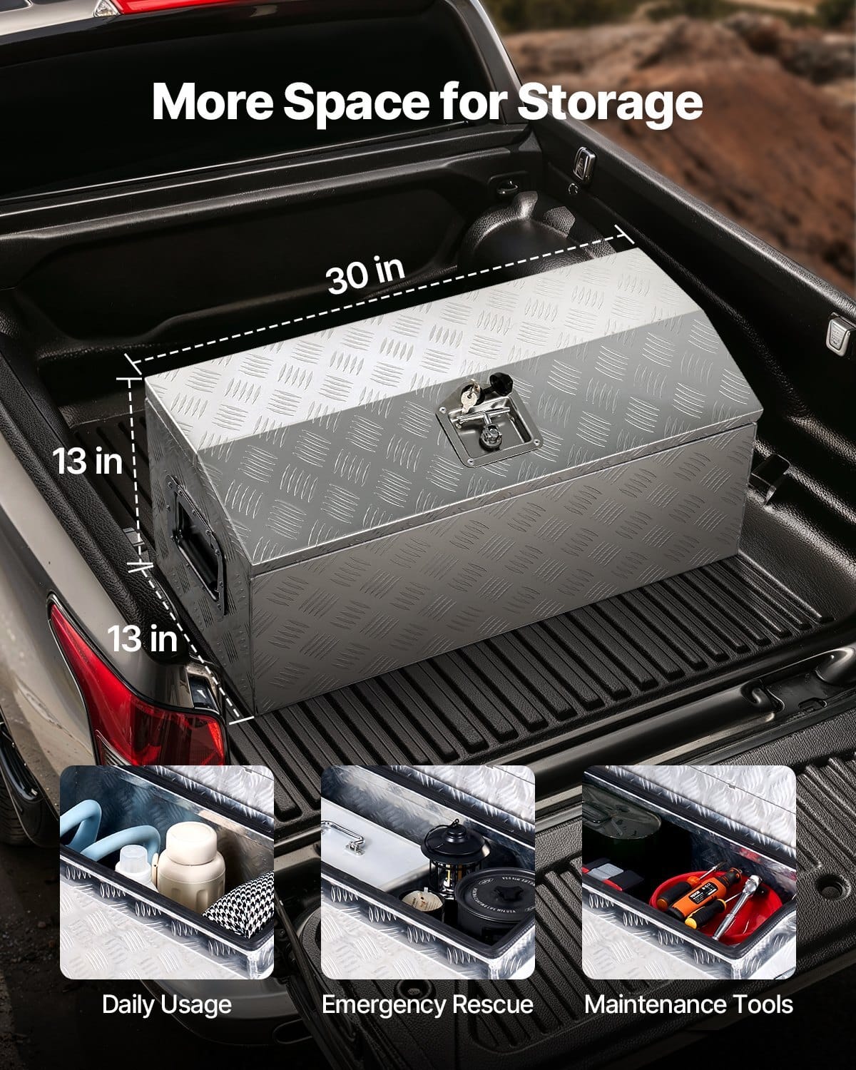 Heavy Duty Aluminum Truck Bed Tool Box, Stripes Plated Tool Box with Side Handle and T-Lock Keys, Storage Toolbox Chest Organizer for Trailer, Pickup, Truck Bed, RV, 30"x13"x13", Silver