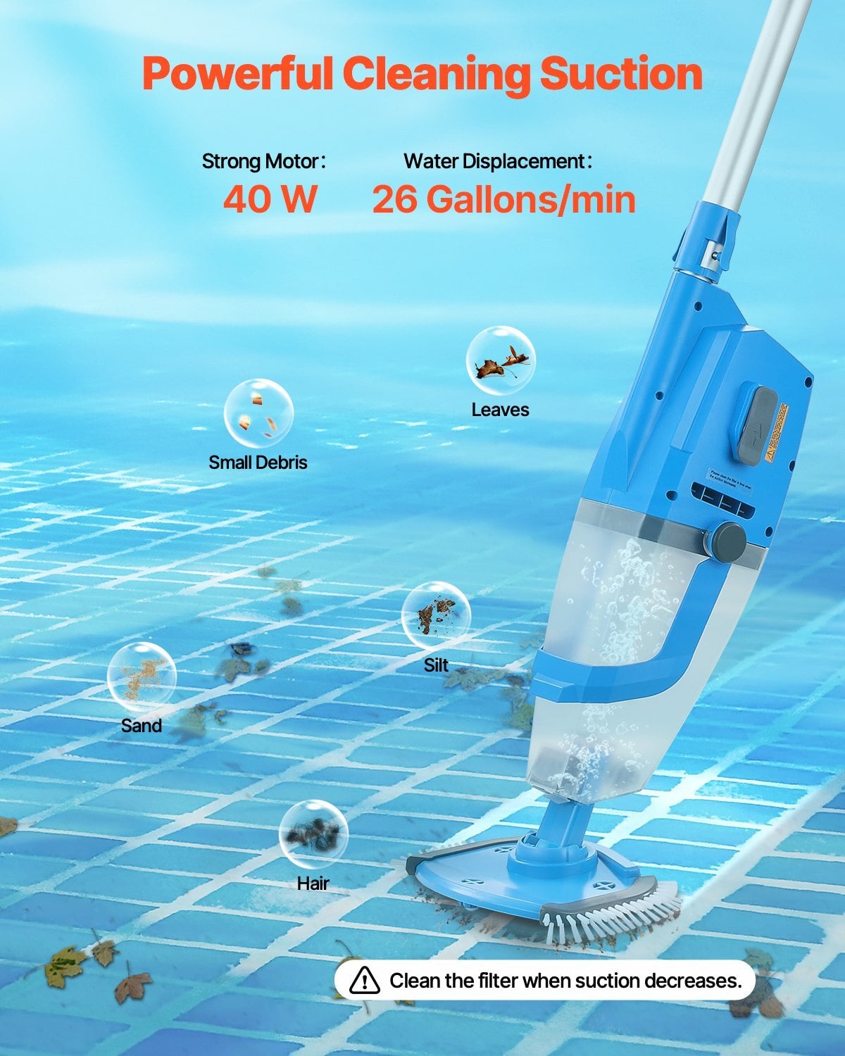 Pool Vacuum, 26 GPM Handheld Cordless Hot Tub Vacuum with Extension Pole, for Deep Cleaning & Strong Suction, Rechargeable Pool Cleaner, Running up to 1Hour, for Above Ground/Inground Pool Spas - Image 2