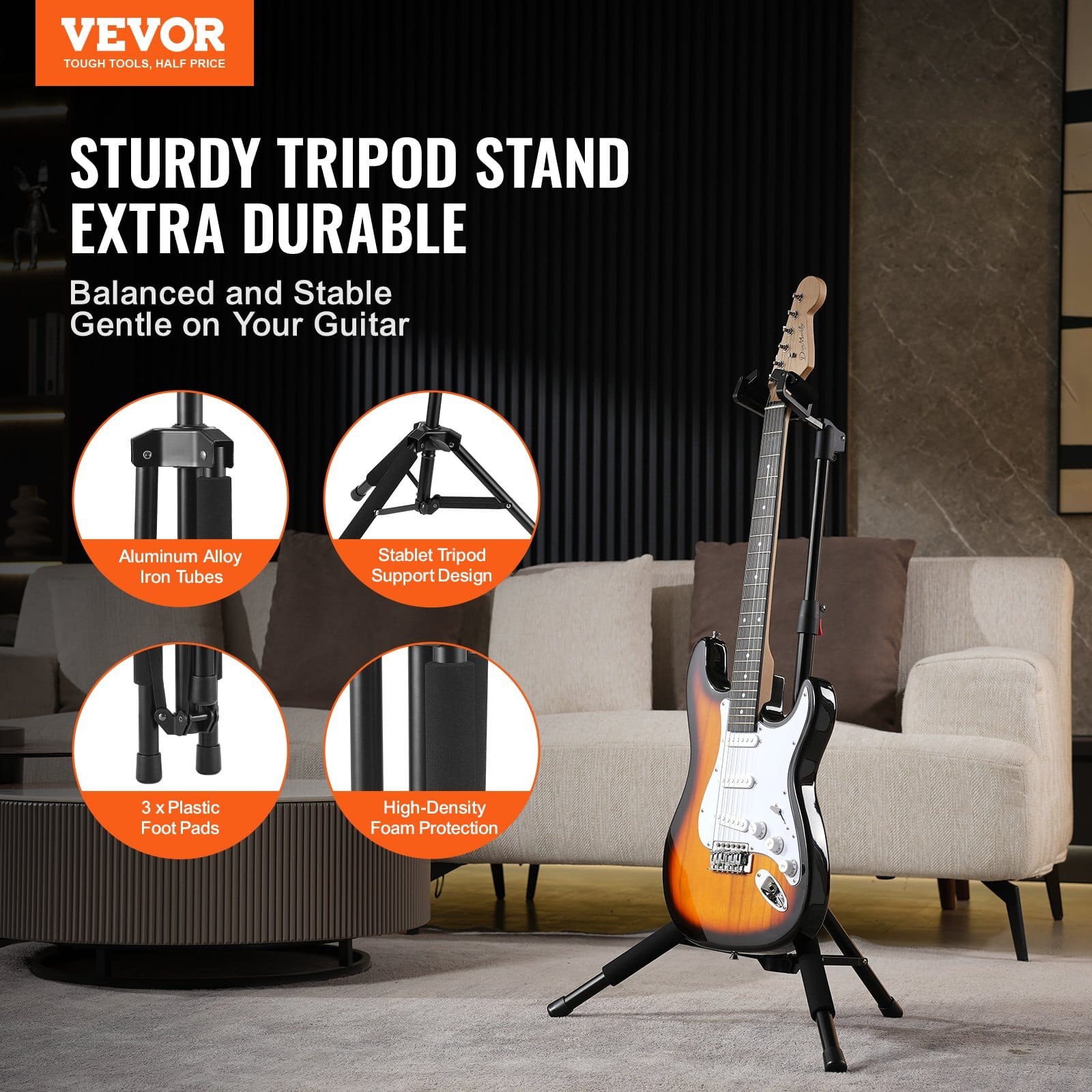 Tripod Guitar Stand, 33 lbs/15 kg Load Capacity, Floor-Standing Foldable Guitar Stand Display Rack with 35.4-47.2 in/900-1200 mm Adjustable Height, for Guitar Acoustic Electric Classical Bass - Image 2