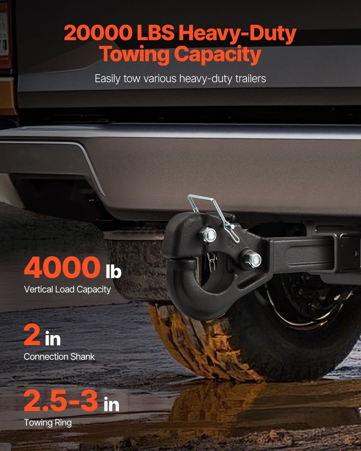 Pintle Hook, 20000 lbs Towing Capacity, Pintle Hitch Receiver for 2-inch Hitch Hook Military Receiver, Fits 2.5 to 3-inch Lunette Ring, 15.6-inch Length, Black Powder Coat, for Various Trailers - Image 2