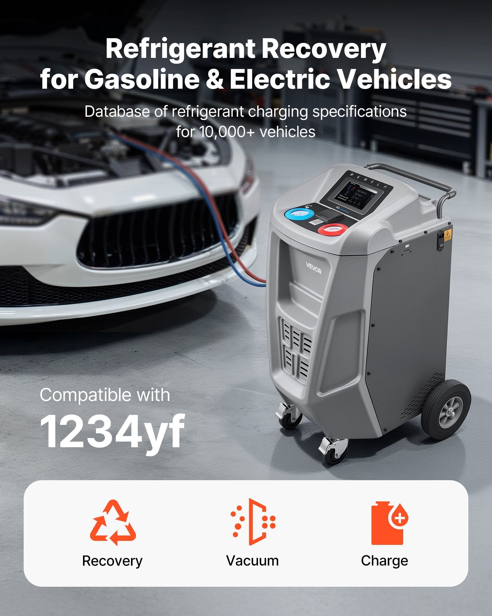 Fully Automatic Refrigerant Recovery Machine for 1234yf, 98.5% Accuracy, 7-Inch Touch Screen, AC Recovery, Vacuum, and Recharging Machine for Standard and High Voltage Automotive A/C Systems