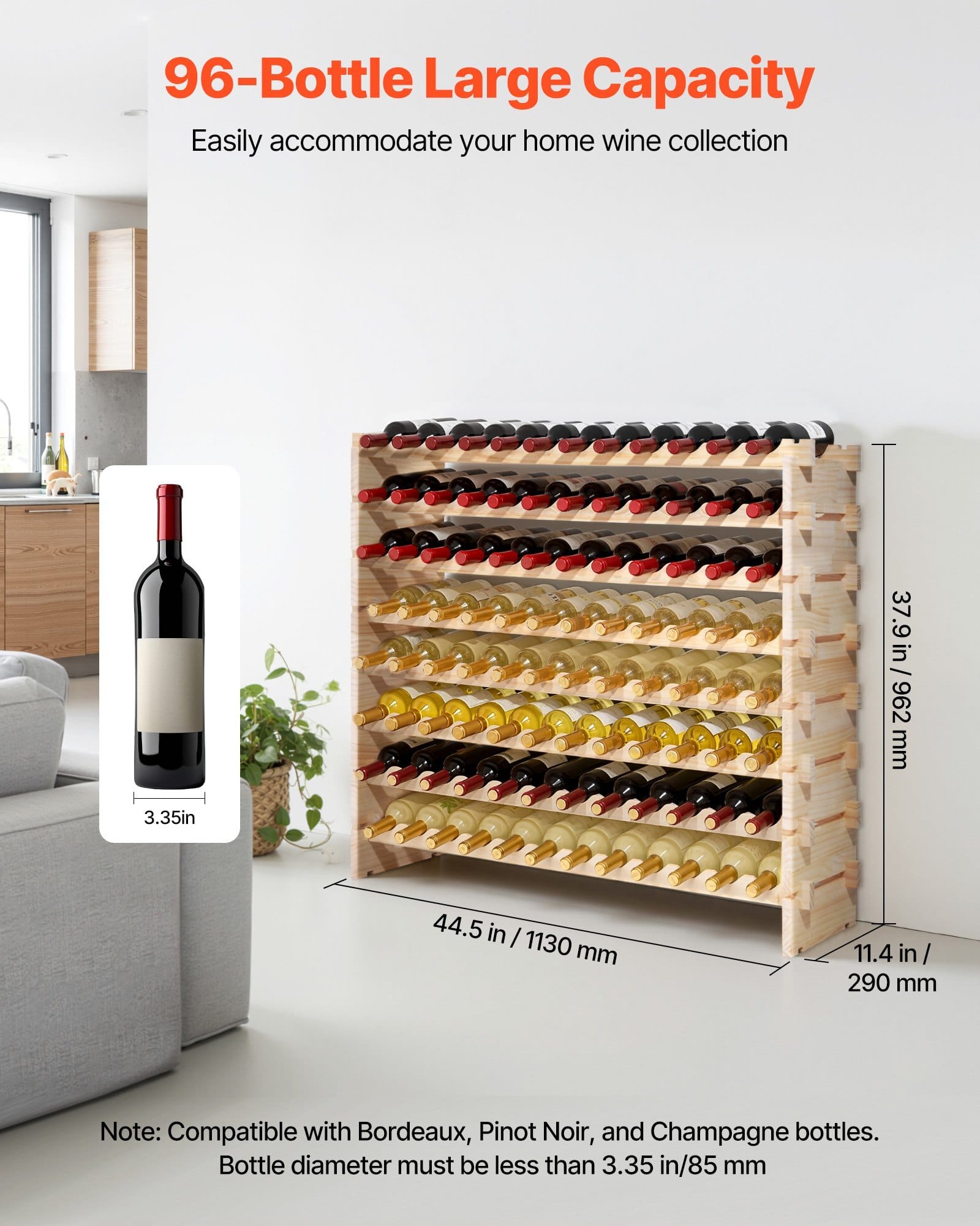 96 Bottle Stackable Modular Wine Rack, 8-Tier Wine Bottle Holder,Solid Wood Floor Freestanding Wine Storage Rack For Pinot Noir bottles,For Kitchen, Cellar, and Bar, Natural