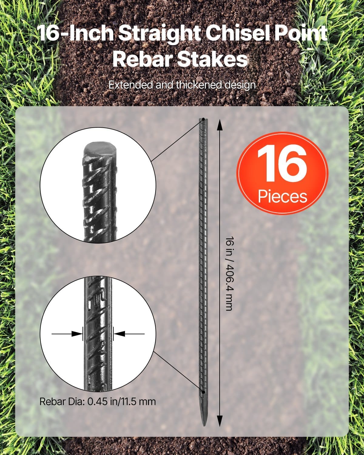 Rebar Stakes, 16-Inch, Heavy-Duty 0.45 in Diameter, Straight Galvanized Steel G
