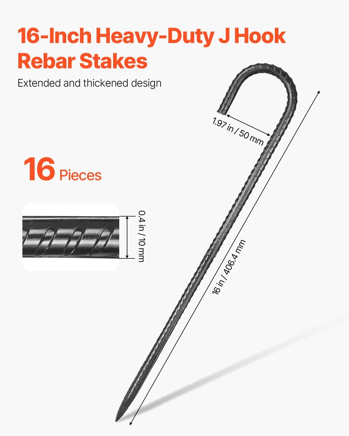 Rebar Stakes, 16-Inch, Heavy-Duty 0.4 in Diameter J Hook, Galvanized Steel Groun