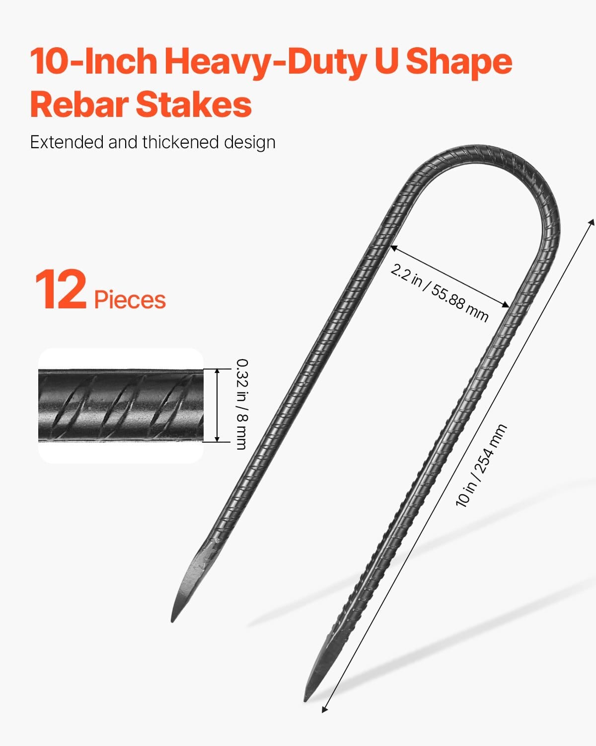Rebar Stakes, 10-Inch, Heavy-Duty 0.32 in Diameter U Shape, Galvanized Steel Gro