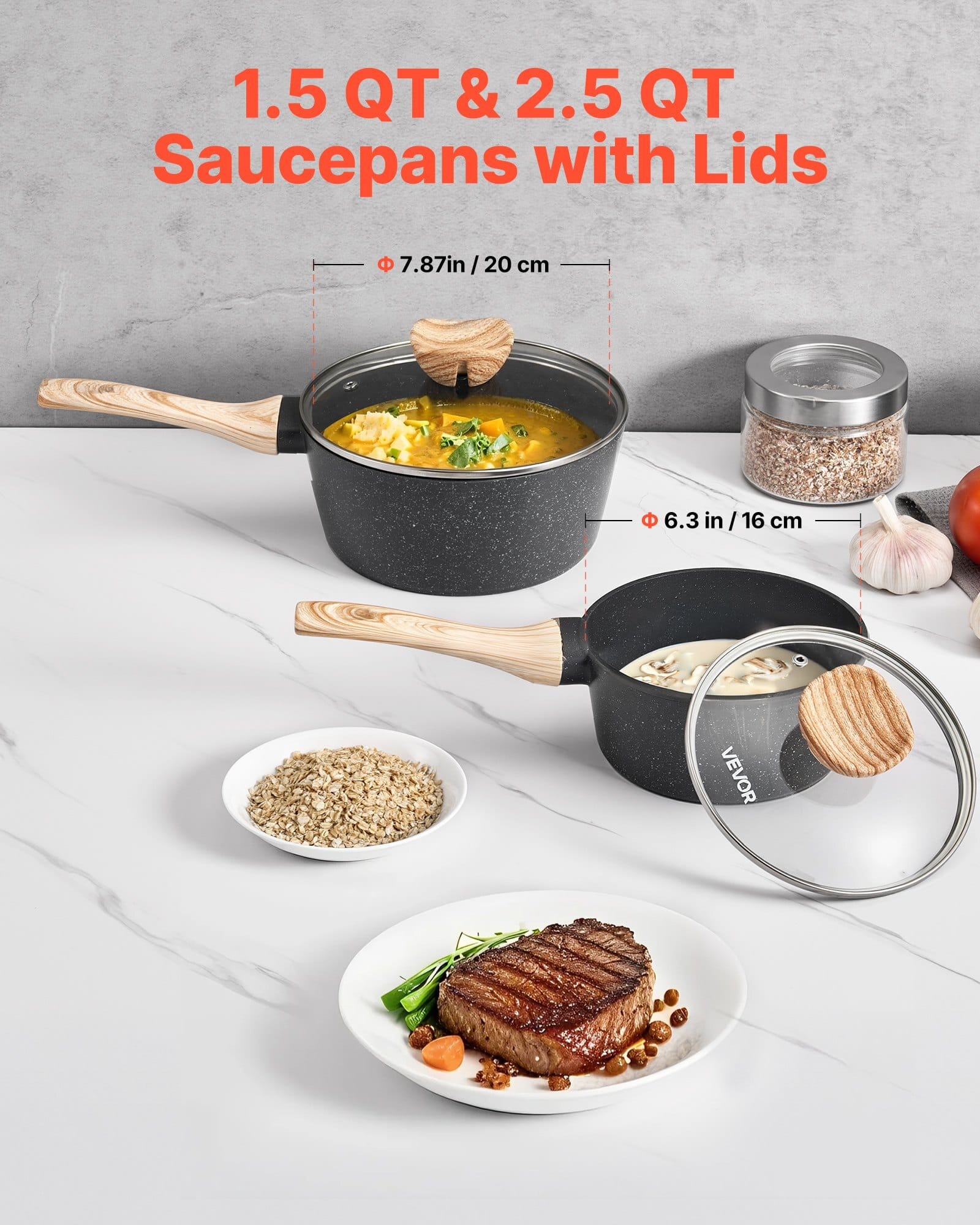 Saucepan Set, 1.5 QT & 2.5 QT Nonstick Saucepan with Glass Lids, Multipurpose Cooking Sauce Pots with Detachable Handles, Sauce Pan Kitchen Cooking Pot with Coating, Induction Compatible, Black