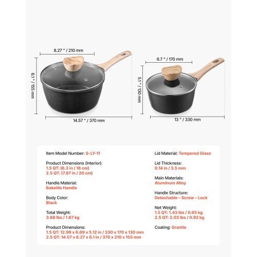 Saucepan Set, 1.5 QT & 2.5 QT Nonstick Saucepan with Glass Lids, Multipurpose Cooking Sauce Pots with Detachable Handles, Sauce Pan Kitchen Cooking Pot with Coating, Induction Compatible, Black - Image 6