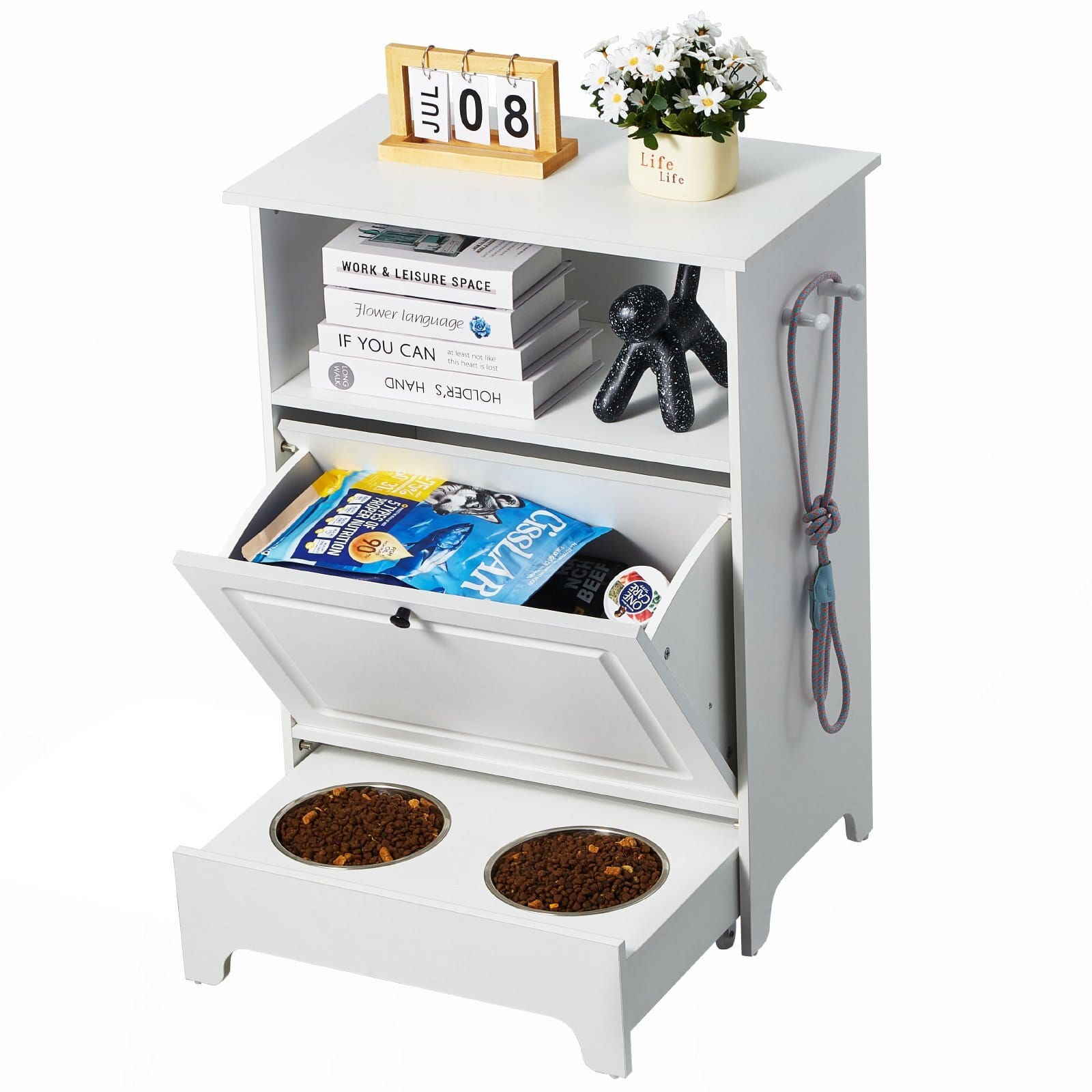 Pet Feeding Station with 2 Stainless Steel Bowls, Elevated Dog Bowls with Storage, Dog Food Storage and Feeder Station with Tilt Out Storage Cabinet, Pet Toy Storage Organizer, for Small Dogs