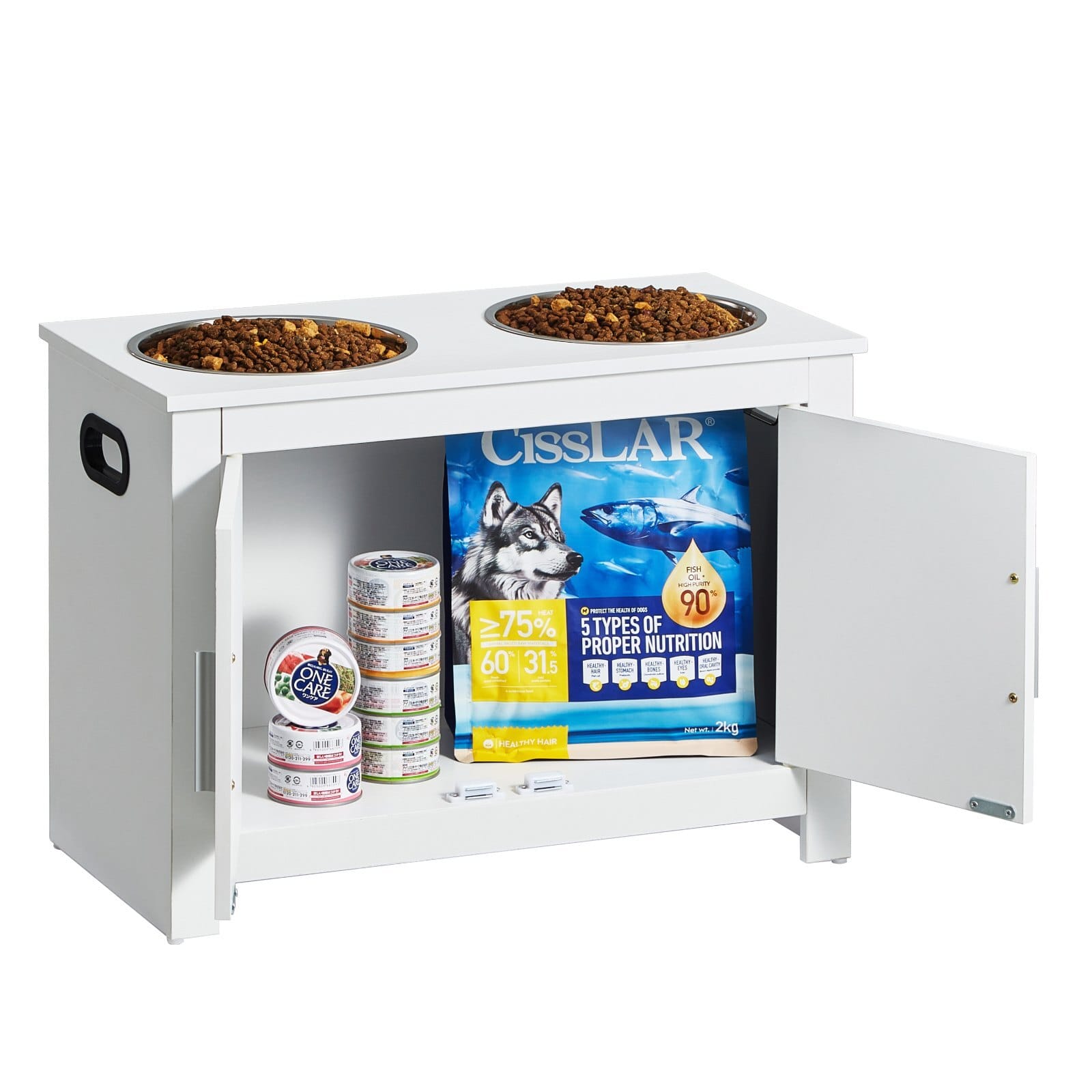 Pet Feeding Station with 2 Stainless Steel Bowls, Elevated Dog Bowls with Storage, Dog Food Storage and Feeder Station with Storage Cabinet, Pet Toy Storage Organizer, for Dogs, Modern