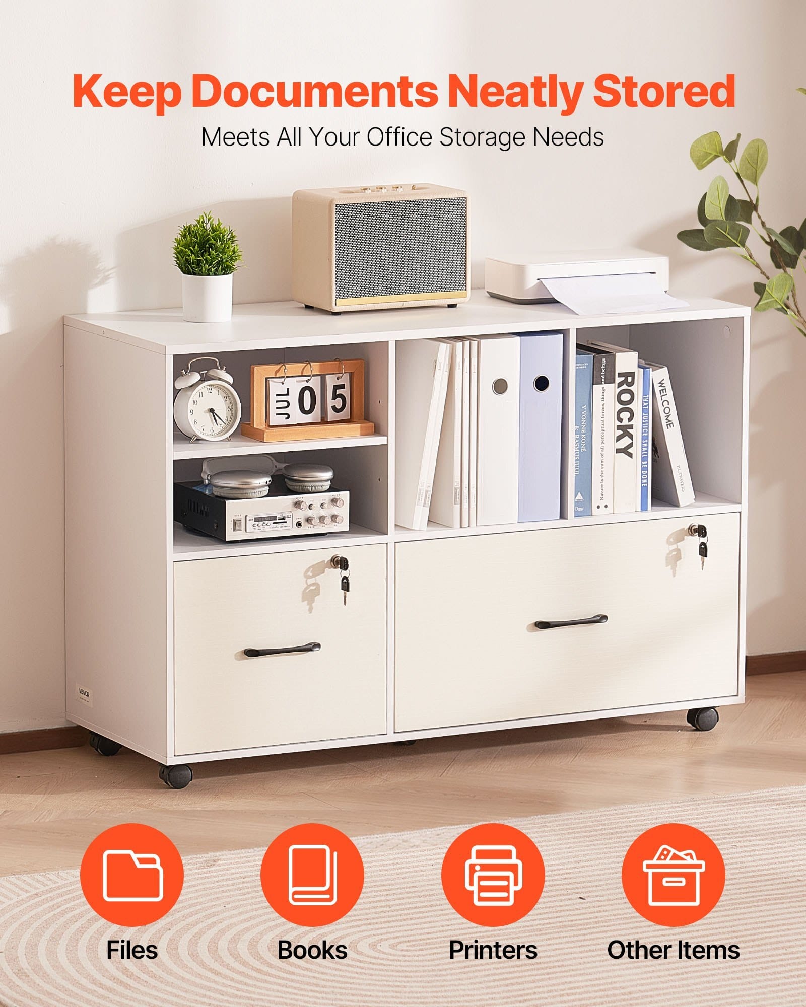 2 Drawer Wooden File Cabinet, Mobile Filing Cabinet with Open Shelves, Lockable Lateral Rolling File Storage with Adjustable Shelves, Free Standing Printer Stand for Home Office School, White