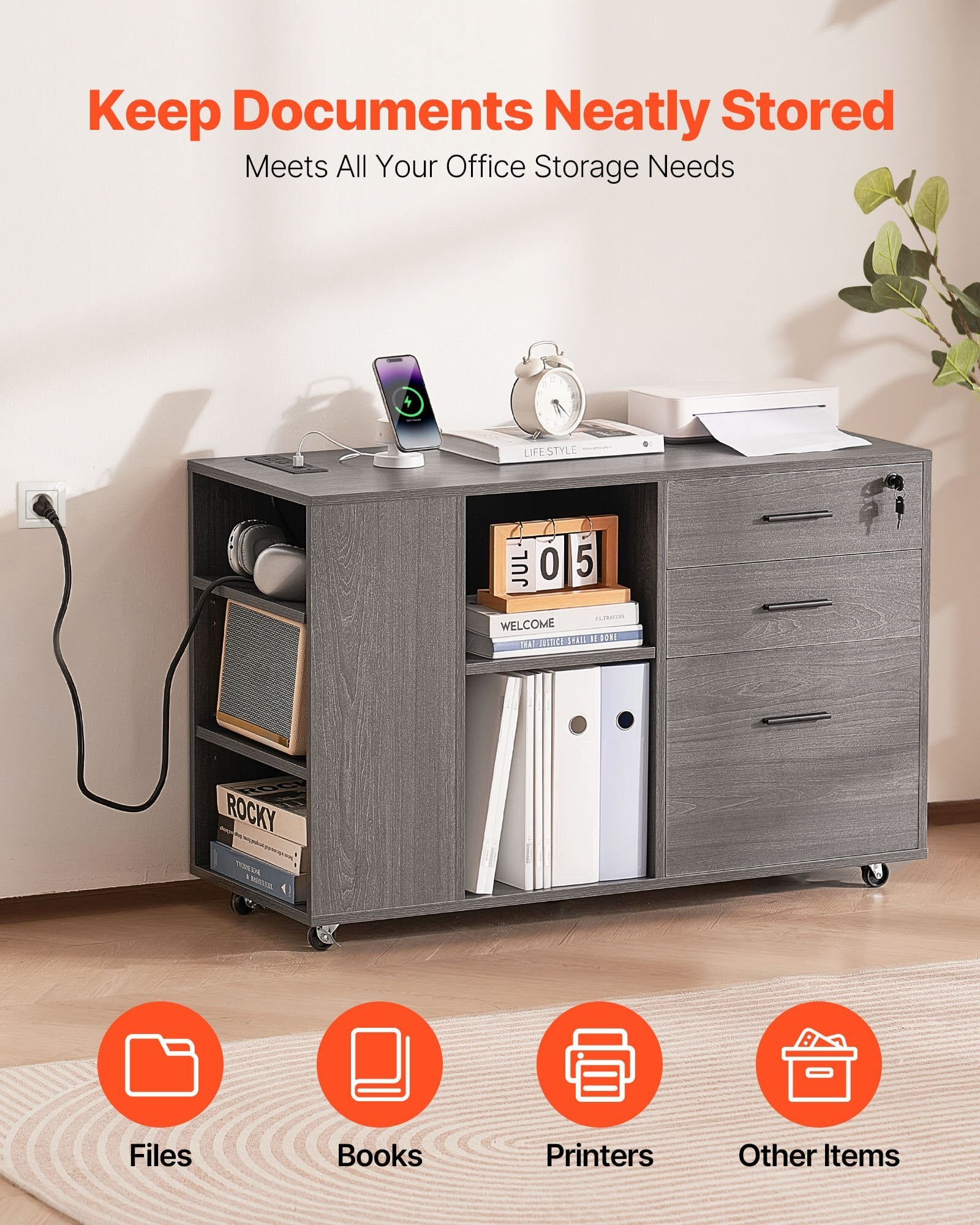 3 Drawer Wooden File Cabinet, Mobile Filing Cabinet with Power Strip, Lockable Rolling File Storage with Adjustable Shelves & 5 Wheels, Floor Standing Printer Stand for Home Office School, Gray