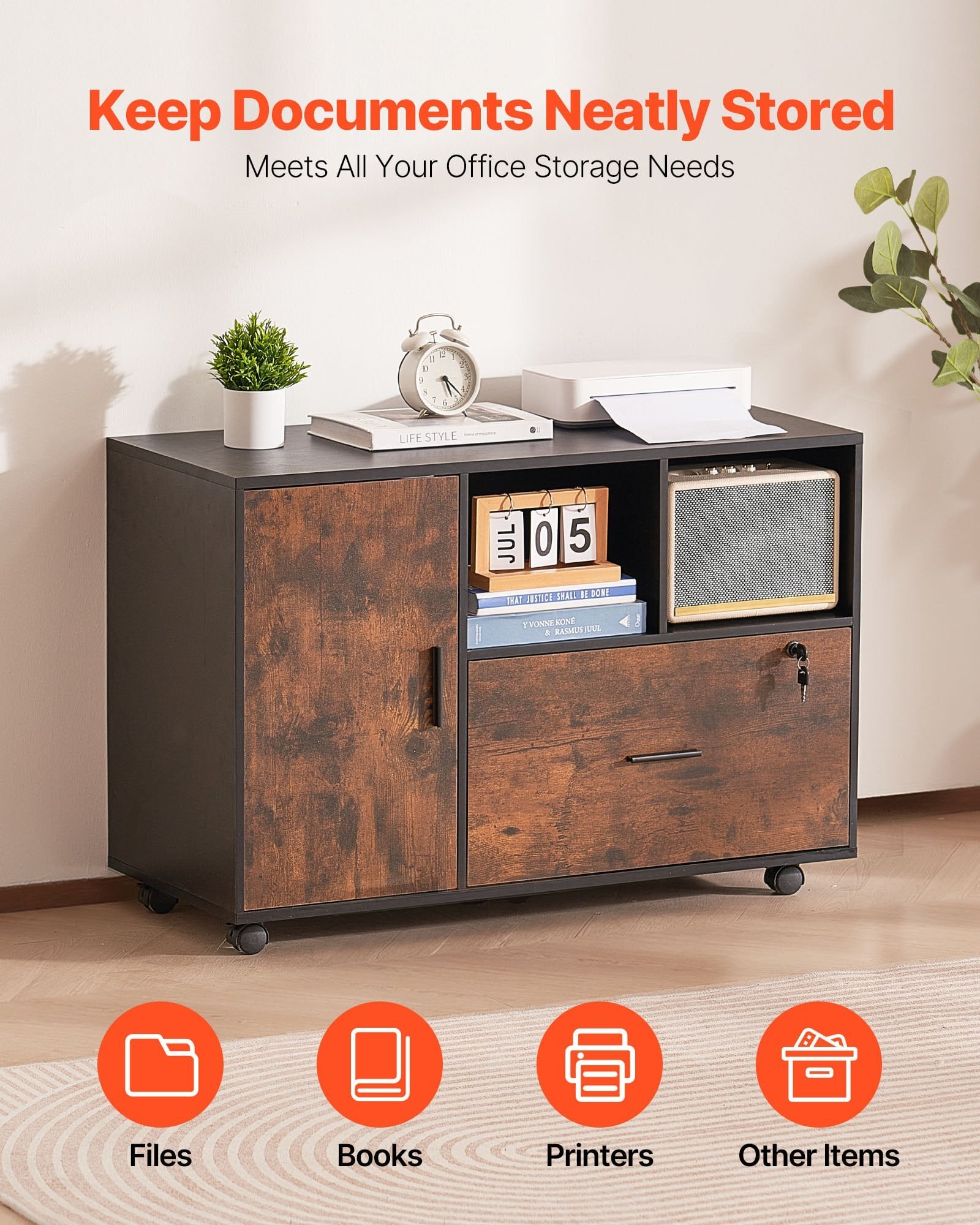 Wood File Cabinet, Mobile Filing Cabinet with Open Shelves, Lockable Lateral Rolling File Storage with Adjustable Shelves, Free Standing Printer Stand for Home, Office, School, Rustic Brown
