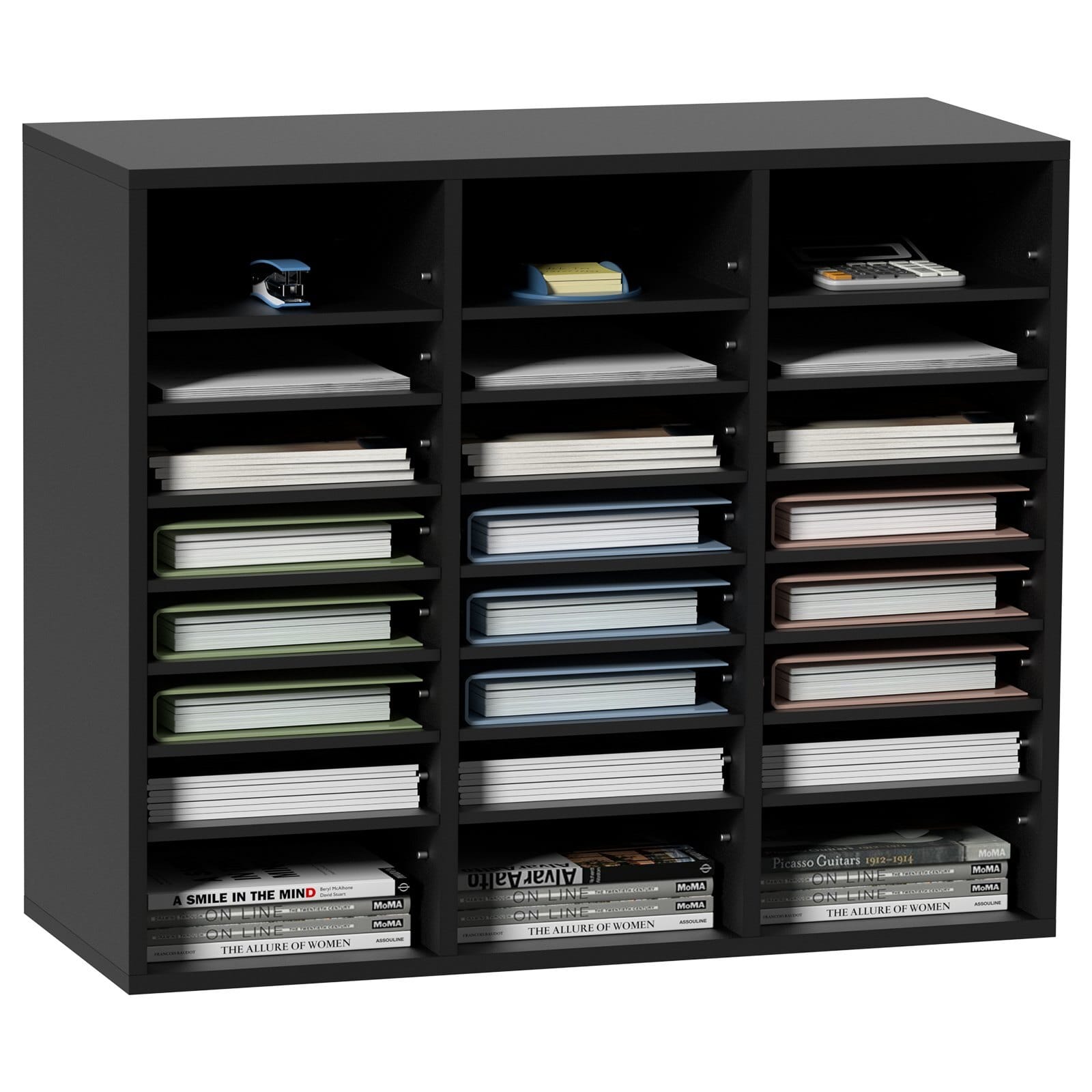 Wood Literature Organizer, 24 Compartments, File Sorter with Removable Shelves, Mailboxes Slot for Office Home Classroom Mailrooms Organization, EPA Certified, Black
