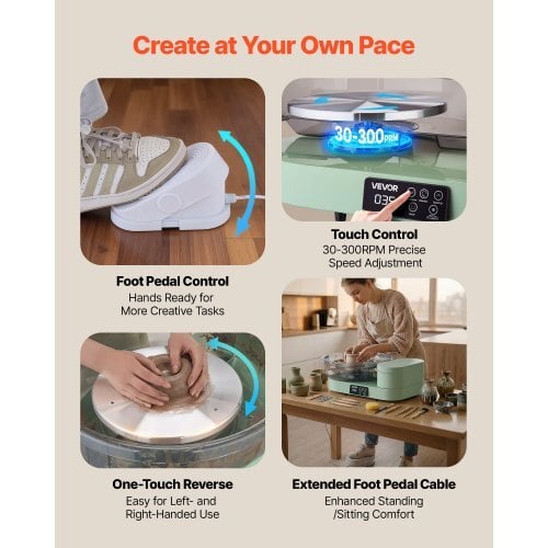 Pottery Wheel for Adults, 14" and 11" Turntables, 450W Electric Table Top Pottery Wheel with Foot Pedal, 30-300 RPM Adjustable Speed, Aluminum Body, for Beginners, DIY Clay Art Craft, Green - Image 4