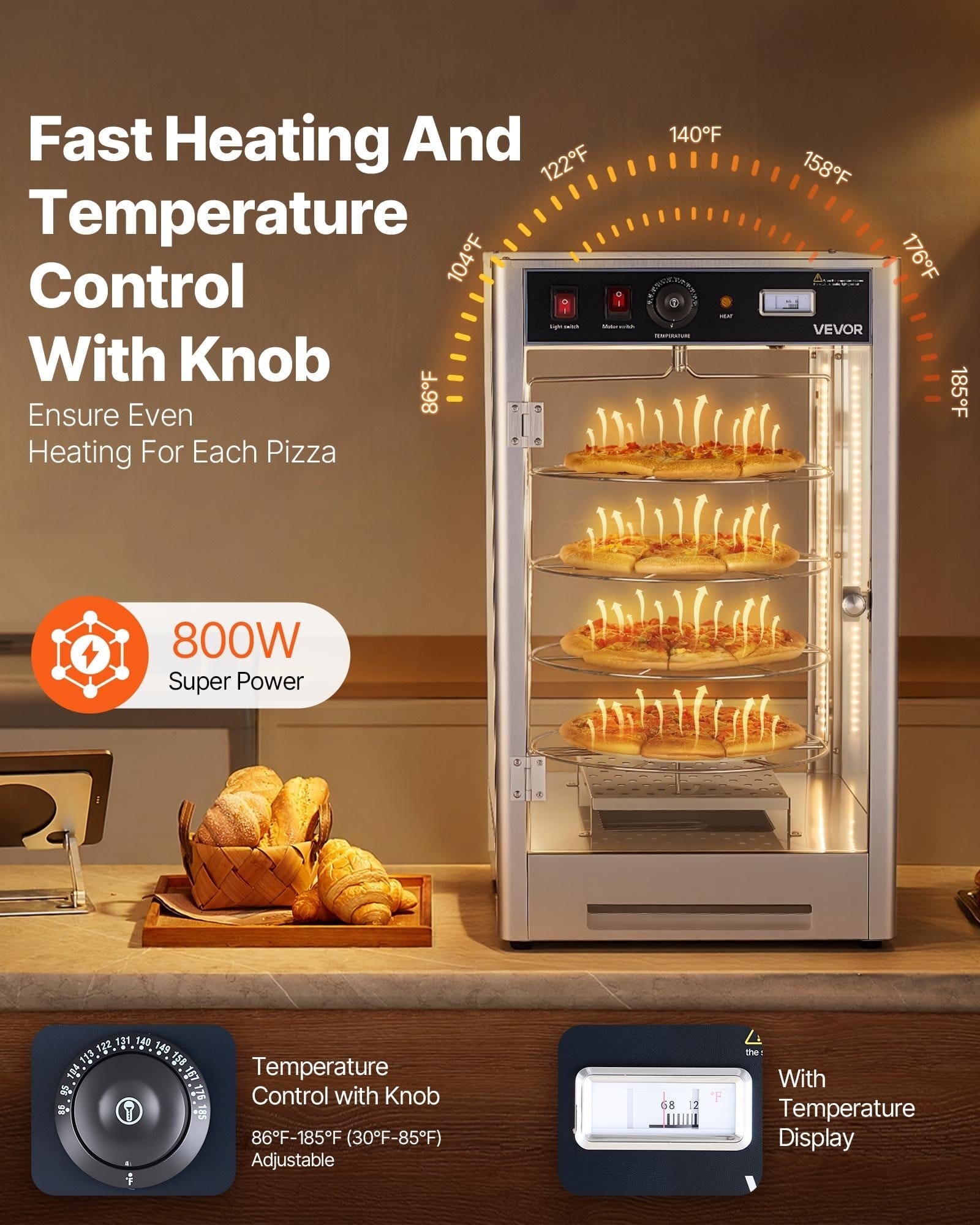 Commercial Food Warmer Display, 4-Tier Pizza Warmer with Rotary Steam Heating for 14 in Pizza, 86?&bdquo;&permil;~185?&bdquo;&permil; Temperature Control and Temp Display, 25W Oven Light + Top LED for Pizza Shop, Restaurant