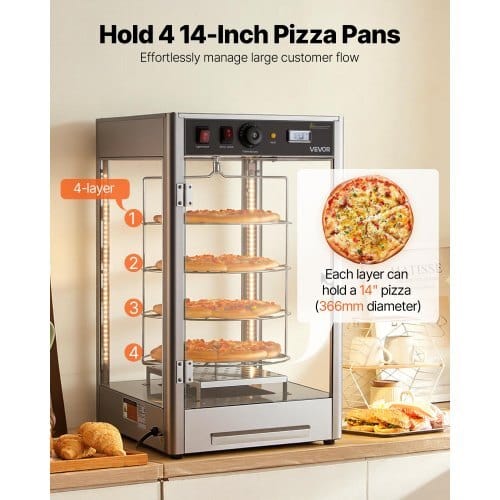 Commercial Food Warmer Display, 4-Tier Pizza Warmer with Rotary Steam Heating for 14 in Pizza, 86?„‰~185?„‰ Temperature Control and Temp Display, 25W Oven Light + Top LED for Pizza Shop, Restaurant - Image 2
