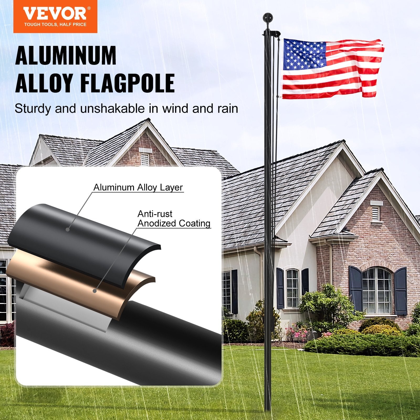 30FT Sectional Flag pole Kit, Heavy Duty Aluminum Alloy in Ground Flag poles for Outside, 3 Display Modes Flagpole with 3x5 American Flag, Professional Accessories, Black - Image 2