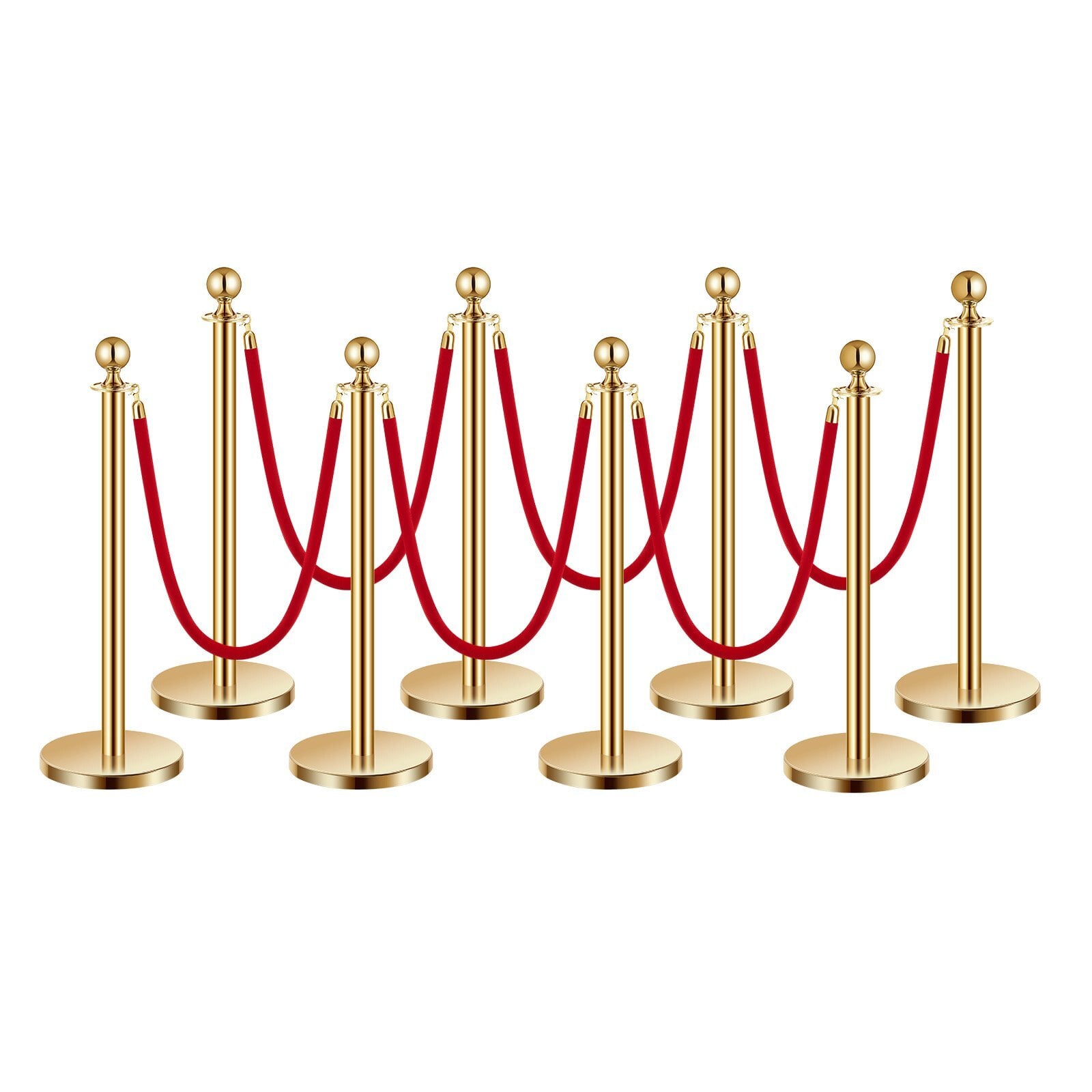 Stanchions and Velvet Ropes 8Pcs, Hollow Base with Stainless Steel Post, 6 Red Velvet Ropes and Posts, Crowd Control Barriers Gold Stanchions, Red Carpet Runner Poles for Party Supplies