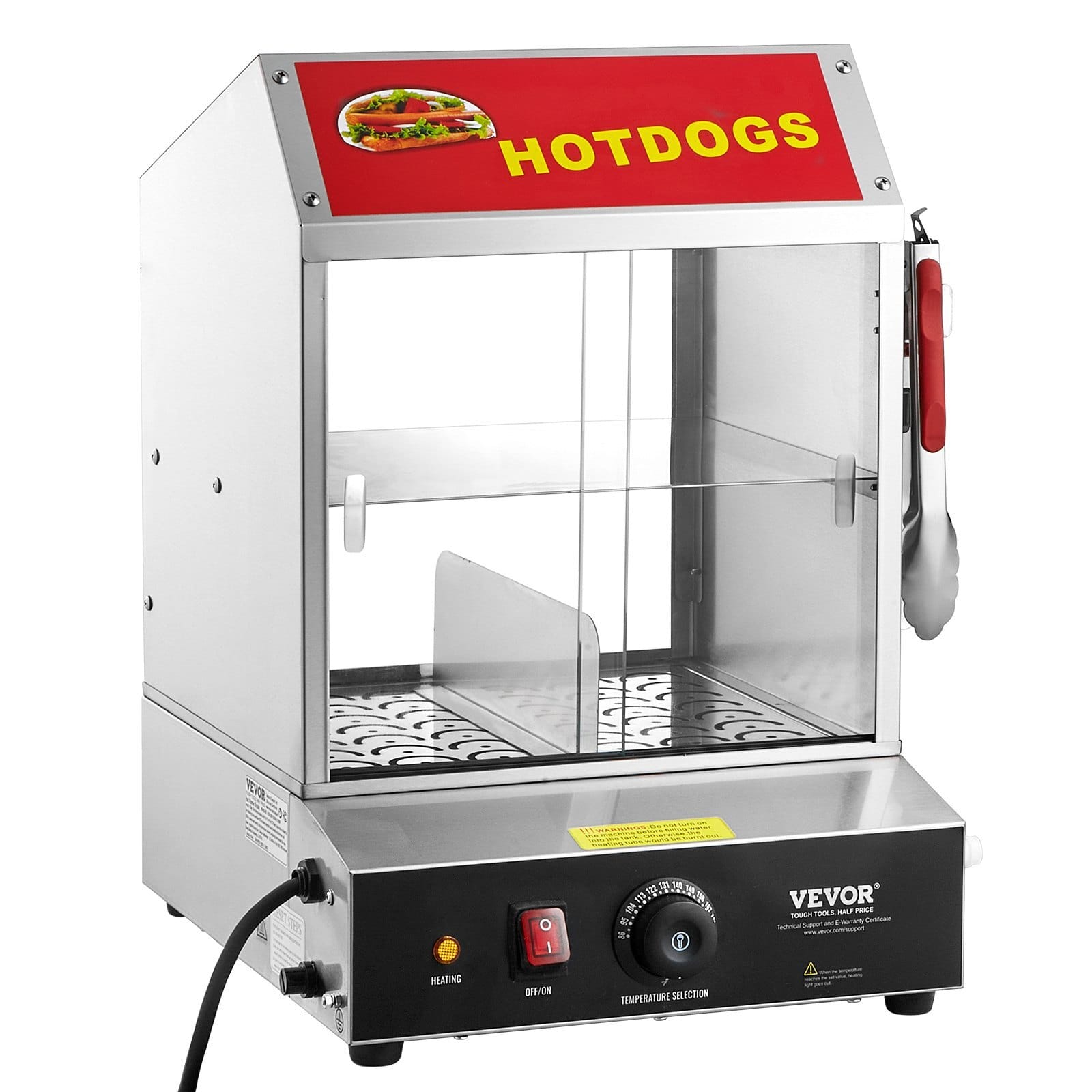 Hot Dog Steamer, 28.5QT, 2-Tier Hot Dog Hut Steamer, 86?&bdquo;&permil;~185?&bdquo;&permil; Temperature Control, Electric Bun Warmer with Tempered Glass Slide Doors Partition Plate Tong, Stainless Steel, for Hot Dogs & Buns